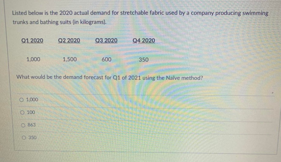 Listed below is the 2020 actual demand for stretchable fabric used by a company producing swimming
trunks and bathing suits (in kilograms).
Q1 2020
Q2 2020
Q3 2020
Q4 2020
1,000
1,500
600
350
What would be the demand forecast for Q1 of 2021 using the Naïve method?
O 1,000
O 100
O 863
O 350
