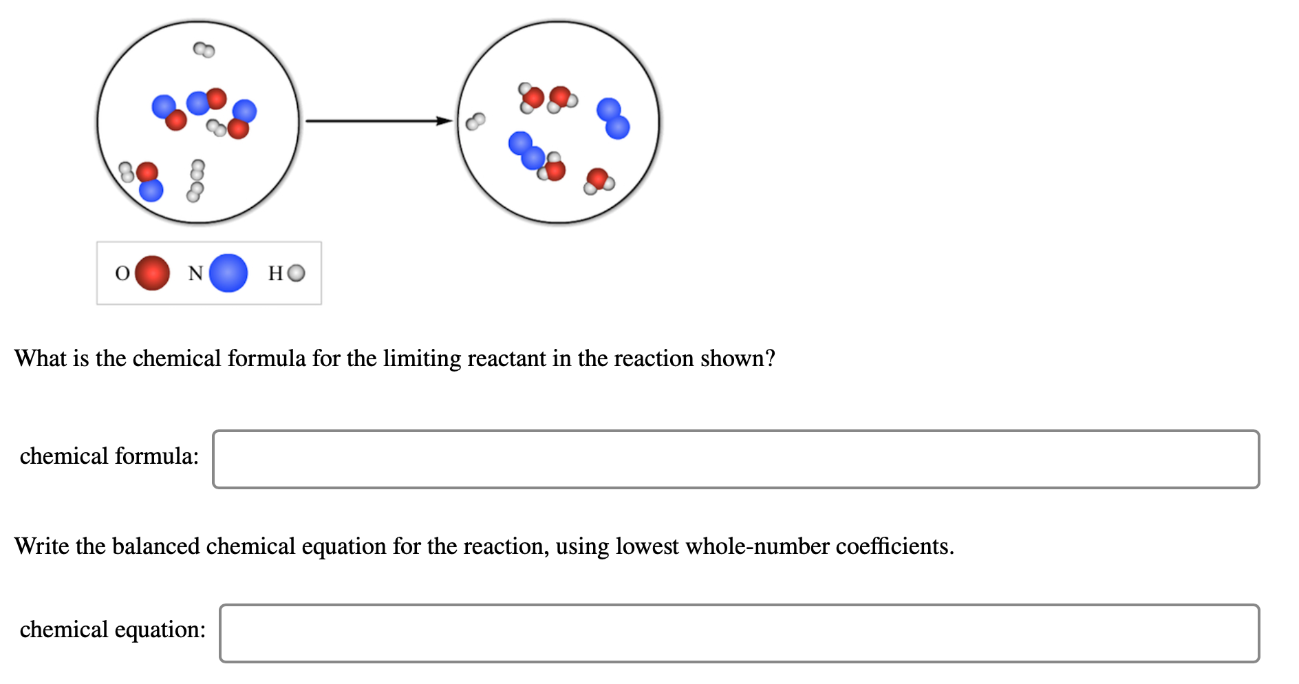 HO
What is the chemical formula for the limiting reactant in the reaction shown?
chemical formula
Write the balanced chemical equation for the reaction, using lowest whole-number coefficients
chemical equation:

