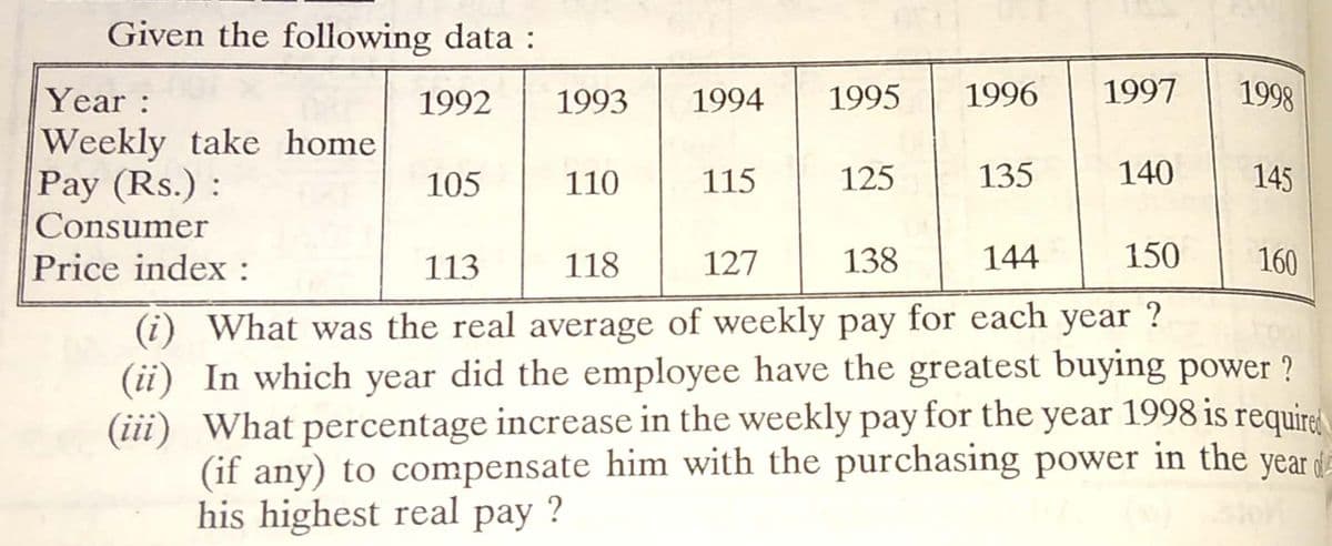Given the following data :
Year:
1992
1993
1994
1995
1996
1997
1998
Weekly take home
Pay (Rs.):
105
110
115
125
135
140
145
Consumer
Price index :
113
118
127
138
144
150
160
(i) What was the real average of weekly pay for each
(ii) In which year did the employee have the greatest buying power ?
(iii) What percentage increase in the weekly pay for the year 1998 is require
(if any) to compensate him with the purchasing power in the yearda
his highest real pay ?
year
