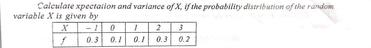 Calculate xpectation and variance of X, if the probability distribution of the random
variable X is given by
X
1
0.3
f
-
0
0.1
1
0.1
2
3
0.3 0.2 shodm