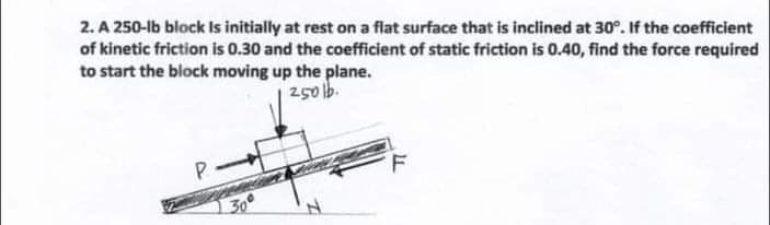 2. A 250-lb block Is initially at rest on a flat surface that is inclined at 30°. If the coefficient
of kinetic friction is 0.30 and the coefficient of static friction is 0.40, find the force required
to start the block moving up the plane.
250 1b.
30°
