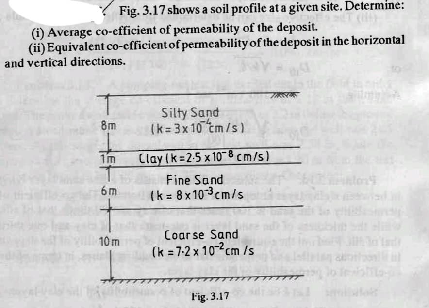 Fig. 3.17 shows a soil profile at a given site. Determine:
(i) Average co-efficient of permeability of the deposit.
(ii) Equivalent co-efficient of permeability of the deposit in the horizontal
and vertical directions.
Silty Sand
(k= 3x10 tm/s)
8m
1m
Clay (k 2-5 x 10 8 cm/s)
Fine Sand
6 m
(k = 8 x10-3cm/s
%3D
Coarse Sand
10 m
(k = 7:2 x 10-2cm /s
Fig. 3.17
