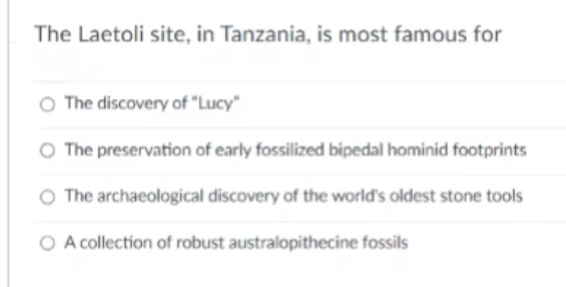 The Laetoli site, in Tanzania, is most famous for
O The discovery of "Lucy"
O The preservation of early fossilized bipedal hominid footprints
The archaeological discovery of the world's oldest stone tools
O A collection of robust australopithecine fossils
