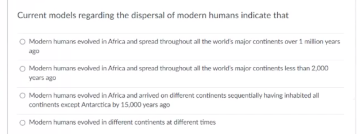 Current models regarding the dispersal of modern humans indicate that
O Modern humans evolved in Africa and spread throughout all the world's major continents over 1 million years
ago
O Modern humans evolved in Africa and spread throughout all the world's major continents less than 2,000
years ago
O Modern humans evolved in Africa and arrived on different continents sequentially having inhabited all
continents except Antarctica by 15,000 years ago
O Modern humans evolved in different continents at different times
