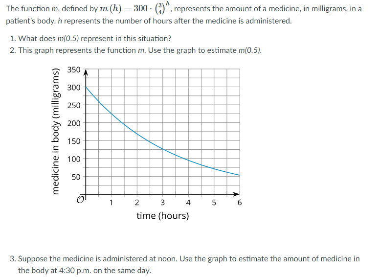 The function m, defined by m (h) = 300 · (2)“, represents the amount of a medicine, in milligrams, in a
patient's body. h represents the number of hours after the medicine is administered.
1. What does m(0.5) represent in this situation?
2. This graph represents the function m. Use the graph to estimate m(0.5).
350
300
250
200
150
100
50
1
2
3
4 5 6
time (hours)
3. Suppose the medicine is administered at noon. Use the graph to estimate the amount of medicine in
the body at 4:30 p.m. on the same day.
medicine in body (milligrams)
