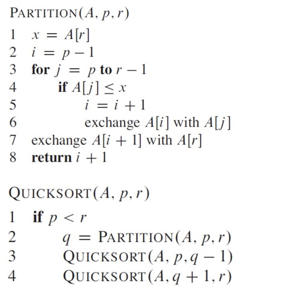 PARTITION(A, p,r)
x = A[r]
2 i = p– 1
3 for j
1
-
= p to r – 1
if A[j] < x
i = i +1
exchange A[i] with A[j]
-
4
6.
7 exchange A[i + 1] with A[r]
8 return i +1
QUICKSORT(A, p, r)
1 if p <r
q = PARTITION(A, p, r)
QUICKSORT(A, p,q – 1)
QUICKSORT(A, q + 1, r)
234
