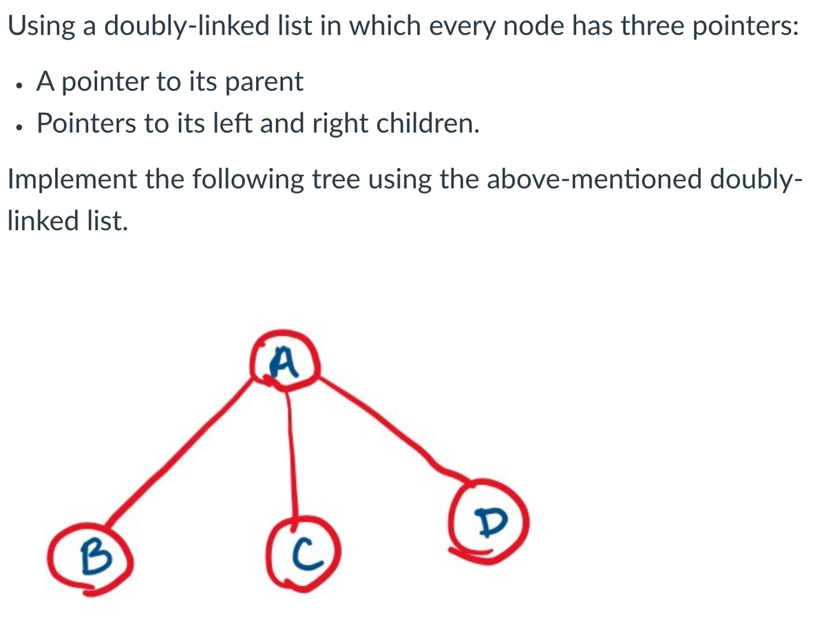 Using a doubly-linked list in which every node has three pointers:
A pointer to its parent
Pointers to its left and right children.
Implement the following tree using the above-mentioned doubly-
linked list.
B
