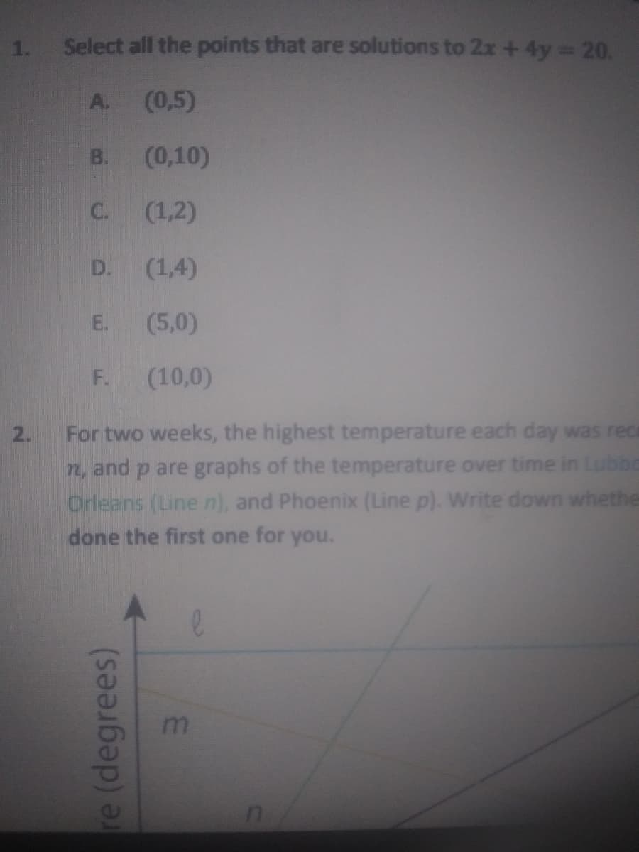 1. Select all the points that are solutions to 2x +4y 20.
A.
(0,5)
B.
(0,10)
C.
(1,2)
D.
(1,4)
E.
(5,0)
F.
(10,0)
For two weeks, the highest temperature each day was rece
n, and p are graphs of the temperature over time in Lubba
Orleans (Line n), and Phoenix (Line p). Write down whethe
done the first one for you.
2.
re (degrees)

