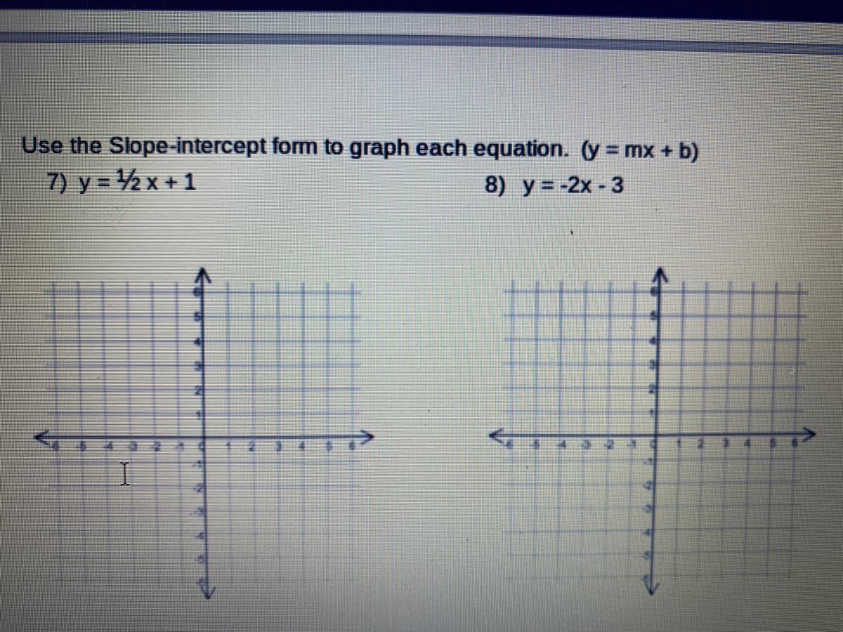 Use the Slope-intercept form to graph each equation. (y = mx + b)
7) y = 2x +1
8) y =-2x - 3
4 3
