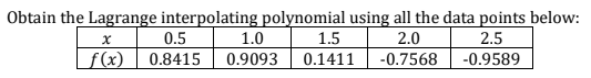 Obtain the Lagrange interpolating polynomial using all the data points below:
0.5
1.0
1.5
2.0
2.5
f(x)
0.8415
0.9093
0.1411
-0.7568
-0.9589
