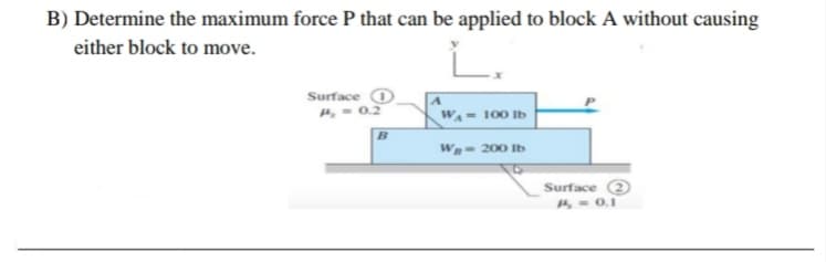 B) Determine the maximum force P that can be applied to block A without causing
either block to move.
L.
Surface
4, - 0.2
WA- 100 Ib
W- 200 Ib
Surface 2
A-0.1
