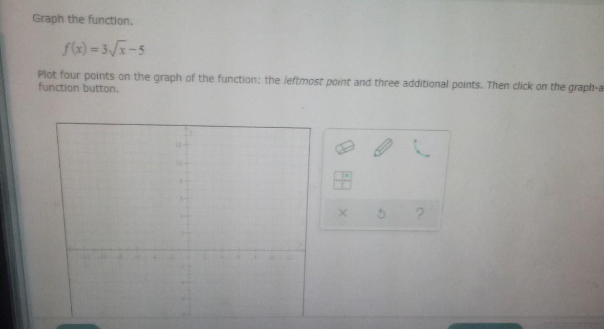 Graph the function.
f(x)=3√x-5
Plot four points on the graph of the function: the leftmost point and three additional points. Then click on the graph-a
function button.
C
S