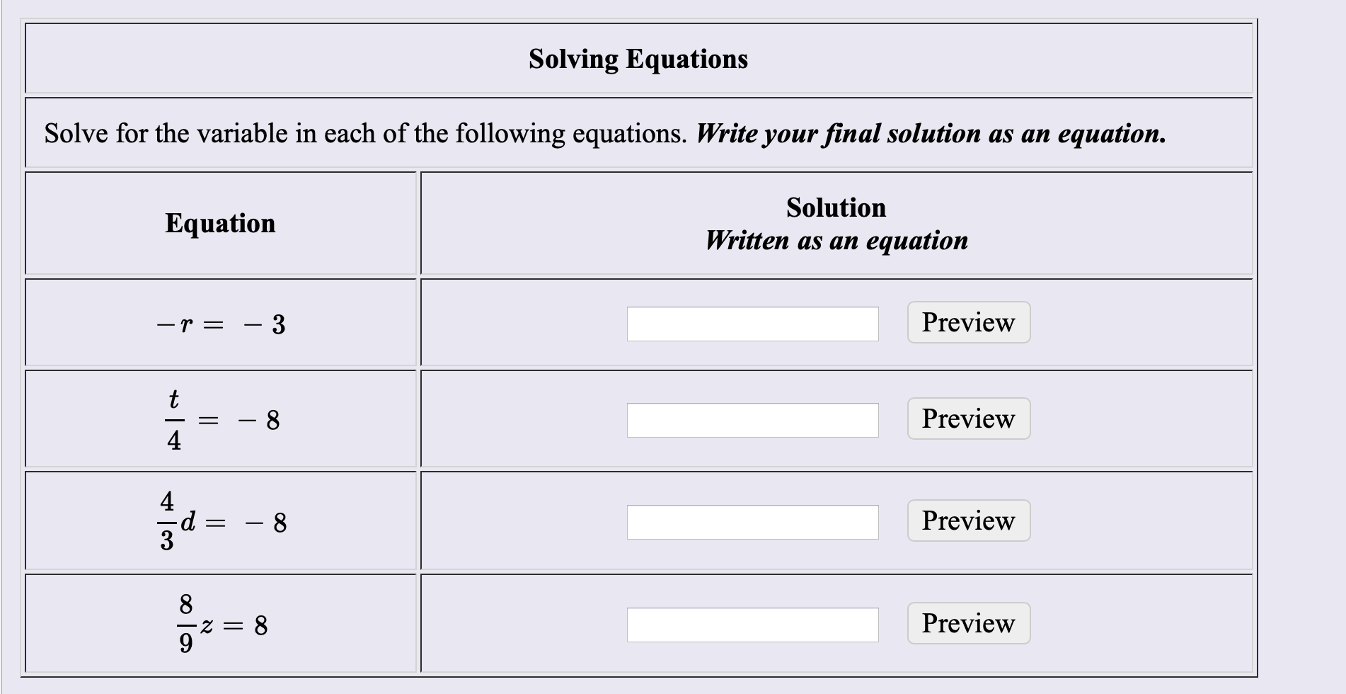 Solving Equations
Solve for the variable in each of the following equations. Write your final solution as an
еquation.
Solution
Equation
Written as an
equation
Preview
- 3
-r=
t
Preview
8
4
4
Preview
8
Preview
Z =
со
