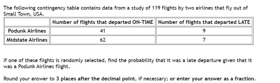 The following contingency table contains data from a study of 119 flights by two airlines that fly out of
Small Town, USA.
Podunk Airlines
Midstate Airlines
Number of flights that departed ON-TIME Number of flights that departed LATE
41
9
62
7
If one of these flights is randomly selected, find the probability that it was a late departure given that it
was a Podunk Airlines flight.
Round your answer to 3 places after the decimal point, if necessary; or enter your answer as a fraction.