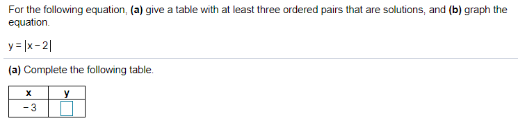 For the following equation, (a) give a table with at least three ordered pairs that are solutions, and (b) graph the
equation.
y = |x-2|
(a) Complete the following table.
y
- 3
