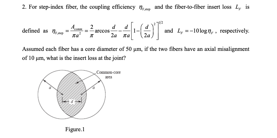 2. For step-index fiber, the coupling efficiency 7eten and the fiber-to-fiber insert loss Lp is
F,step
2 7/2
d
A
defined as NF,step
2
d
d
-arccos
2a
and Lp =-101log n,, respectively.
comm
na?
2a
Assumed each fiber has a core diameter of 50 µm, if the two fibers have an axial misalignment
of 10 um, what is the insert loss at the joint?
Common-core
area
Figure.1
