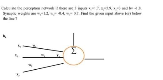 Calculate the perceptron network if there are 3 inputs x,=1.7, x,-5.9, x,-3 and b= -1.8.
Synaptic weights are w,-1.2, w -0.4, w,- 0.7. Find the given input above (or) below
the line ?
b.
Σ
