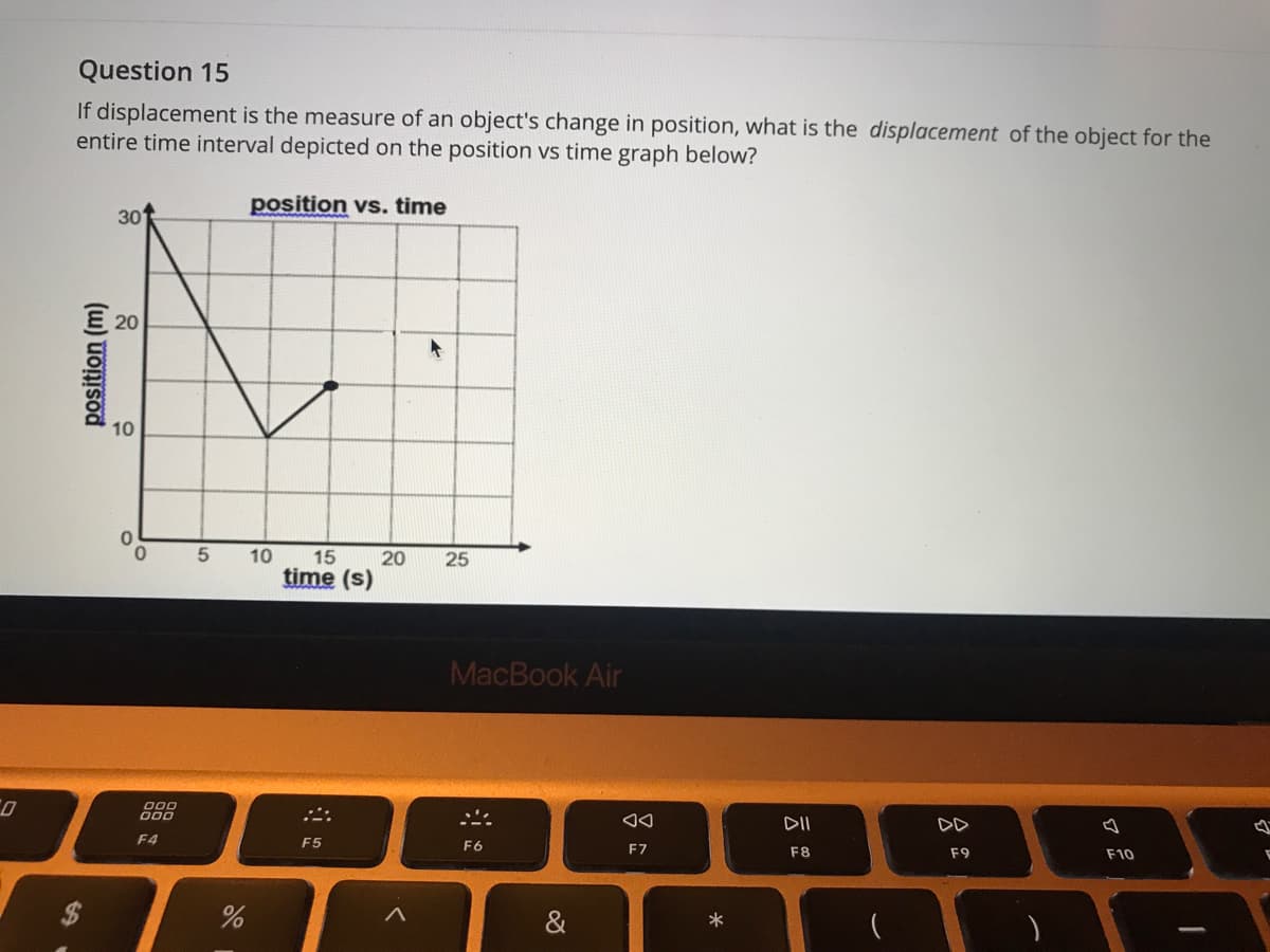 Question 15
If displacement is the measure of an object's change in position, what is the displacement of the object for the
entire time interval depicted on the position vs time graph below?
position vs. time
30
E 20
10
10
15
20
25
time (s)
MacBook Air
D00
DII
DD
F4
F5
F6
F7
F8
F9
F10
$
&
position (m)
