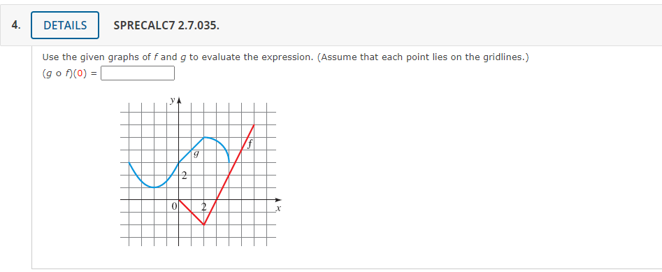 4.
DETAILS
SPRECALC7 2.7.035.
Use the given graphs of f and g to evaluate the expression. (Assume that each point lies on the gridlines.)
(g o f)(0) = |
y
