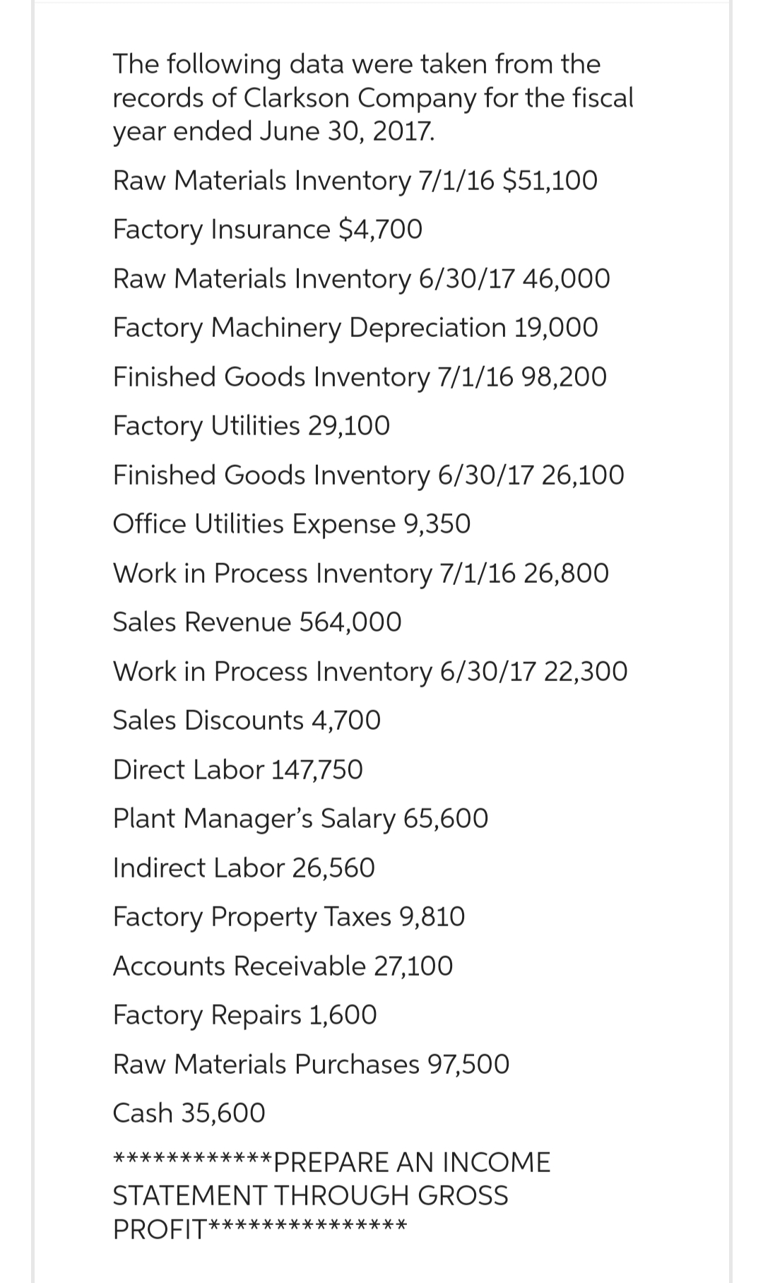 The following data were taken from the
records of Clarkson Company for the fiscal
year ended June 30, 2017.
Raw Materials Inventory 7/1/16 $51,100
Factory Insurance $4,700
Raw Materials Inventory 6/30/17 46,000
Factory Machinery Depreciation 19,000
Finished Goods Inventory 7/1/16 98,200
Factory Utilities 29,100
Finished Goods Inventory 6/30/17 26,100
Office Utilities Expense 9,350
Work in Process Inventory 7/1/16 26,800
Sales Revenue 564,000
Work in Process Inventory 6/30/17 22,300
Sales Discounts 4,700
Direct Labor 147,750
Plant Manager's Salary 65,600
Indirect Labor 26,560
Factory Property Taxes 9,810
Accounts Receivable 27,100
Factory Repairs 1,600
Raw Materials Purchases 97,500
Cash 35,600
******PREPARE AN INCOME
STATEMENT THROUGH GROSS
PROFIT**
**