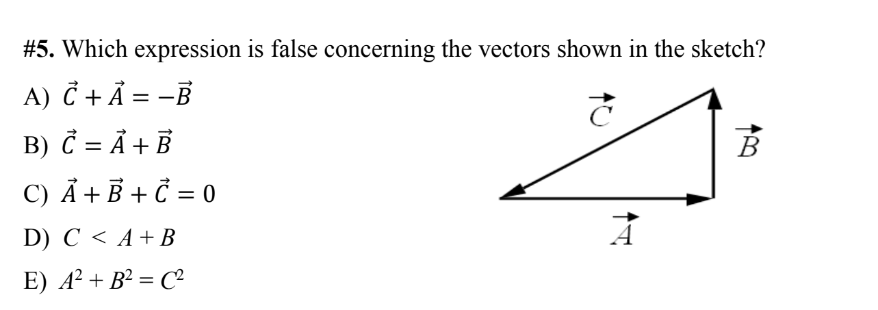 #5. Which expression is false concerning the vectors shown in the sketch?
A) Č + Ả = –B
B) Č = Ả + B
C) Ả + B + Č = 0
%3D
D) С < А+ В
E) A? + B² = C

