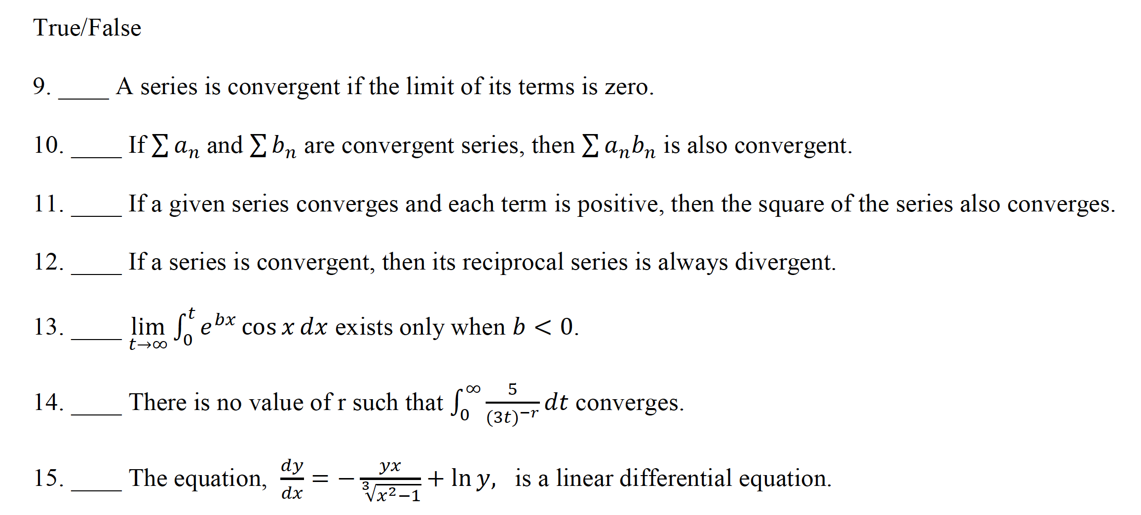 13.
ebx
cos x dx exists only when b < 0.
lim
t→∞
