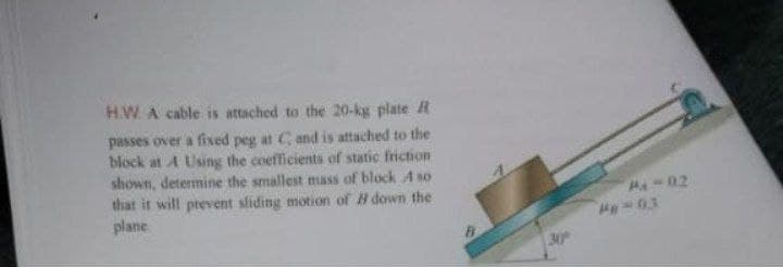 H.W. A cable is attached to the 20-kg plate R
passes over a fixed peg at C and is attached to the
block at A Using the coefficients of static friction
shown, determine the smallest mass of block A so
that it will prevent sliding motion of B down the
plane
HA-02
H-03
