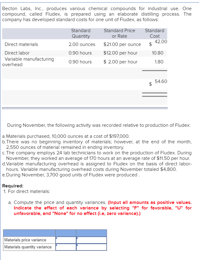 Becton Labs, Inc., produces various chemical compounds for industrial use. One
compound, called Fludex, is prepared using an elaborate distilling process. The
company has developed standard costs for one unit of Fludex, as follows:
Standard
Standard Price
Standard
Quantity
or Rate
Cost
42.00
Direct materials
2.00 ounces
$21.00 per ounce
Direct labor
0.90 hours
$12.00 per hour
10.80
Variable manufacturing
0.90 hours
$ 2.00 per hour
1.80
overhead
54.60
During November, the following activity was recorded relative to production of Fludex:
a.Materials purchased, 10,000 ounces at a cost of $197,000.
b.There was no beginning inventory of materials; however, at the end of the month,
2,550 ounces of material remained in ending inventory.
c. The company employs 24 lab technicians to work on the production of Fludex. During
November, they worked an average of 170 hours at an average rate of $11.50 per hour.
d.Variable manufacturing overhead is assigned to Fludex on the basis of direct labor-
hours. Variable manufacturing overhead costs during November totaled $4,800.
e.During November, 3,700 good units of Fludex were produced.
Required:
1. For direct materials:
a. Compute the price and quantity variances. (Input all amounts as positive values.
Indicate the effect of each variance by selecting "F" for favorable, "U" for
unfavorable, and "None" for no effect (i.e, zero variance).)
Materials price variance
Materials quantity variance
