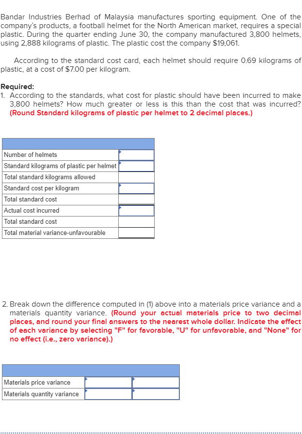 Bandar Industries Berhad of Malaysia manufactures sporting equipment. One of the
company's products, a football helmet for the North American market, requires a special
plastic. During the quarter ending June 30, the company manufactured 3,800 helmets,
using 2,888 kilograms of plastic. The plastic cost the company $19,061.
According to the standard cost card, each helmet should require 0.69 kilograms of
plastic, at a cost of $7.00 per kilogram.
Required:
1. According to the standards, what cost for plastic should have been incurred to make
3,800 helmets? How much greater or less is this than the cost that was incurred?
(Round Standard kilograms of plastic per helmet to 2 decimal places.)
Number of helmets
Standard kilograms of plastic per helmet
Total standard kilograms allowed
Standard cost per kilogram
Total standard cost
Actual cost incurred
Total standard cost
Total material variance-unfavourable
2. Break down the difference computed in (1) above into a materials price variance and a
materials quantity variance. (Round your actual materials price to two decimal
places, and round your final answers to the nearest whole dollar. Indicate the effect
of each variance by selecting "F" for favorable, "U" for unfavorable, and "None" for
no effect (i.e., zero variance).)
Materials price variance
Materials quantity variance
