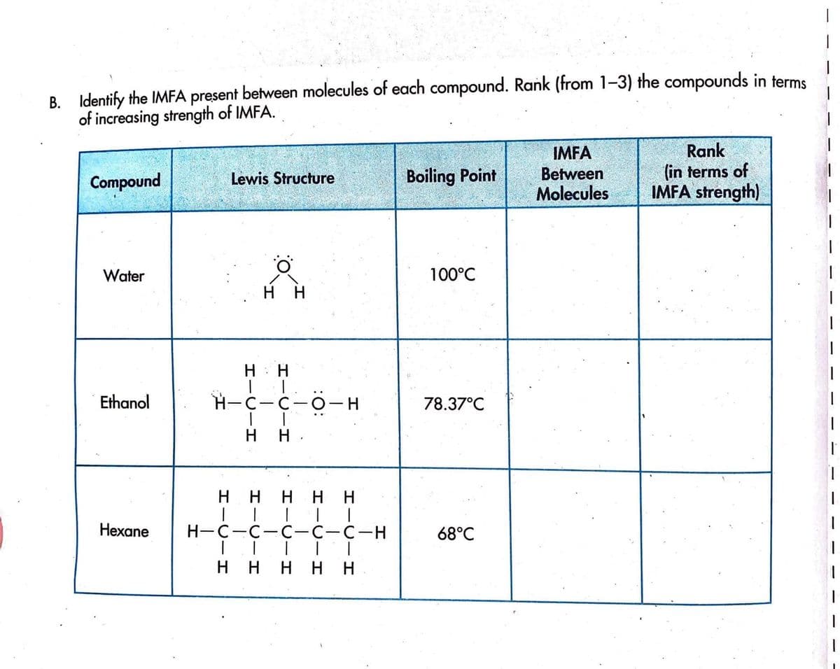 B. Identify the IMFA present between molecules of each compound. Rank (from 1–3) the compounds in terms
of increasing strength of IMFA.
IMFA
Between
Molecules
Rank
(in terms of
IMFA strength)
Compound
Lewis Structure
Boiling Point
Water
100°C
нн
H: H
Ethanol
Н-с-с-о-н
78.37°C
H H .
н
H H H
Hexane
Н-с-с-с—С-с-н
68°C
H H H H
