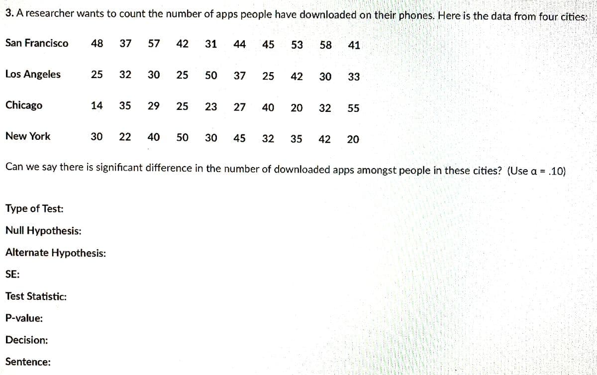 3. A researcher wants to count the number of apps people have downloaded on their phones. Here is the data from four cities:
San Francisco
48
37
57
42
31
44
45
53
58
41
Los Angeles
25
32
30
25
50
37
25
42
30
33
Chicago
14
35
29
23
40
20
32
55
New York
30
22
40
50
30
45
32
35
42
Can we say there is significant difference in the number of downloaded apps amongst people in these cities? (Use a = .10)
Type of Test:
Null Hypothesis:
Alternate Hypothesis:
SE:
Test Statistic:
P-value:
Decision:
Sentence:
20
27
25
