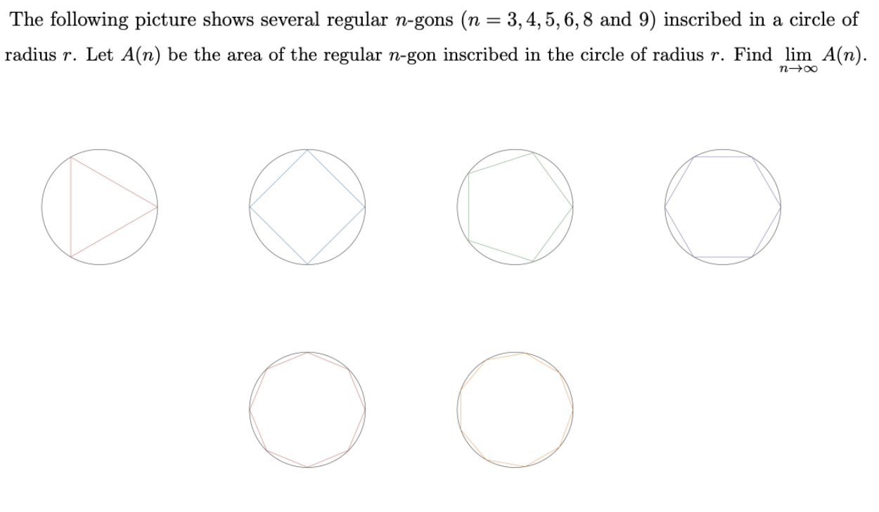 The following picture shows several regular n-gons (n = 3,4, 5, 6, 8 and 9) inscribed in a circle of
radius r. Let A(n) be the area of the regular n-gon inscribed in the circle of radius r. Find lim A(n).
