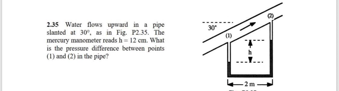2.35 Water flows upward in a pipe
slanted at 30°, as in Fig. P2.35. The
30°
(1)
mercury manometer reads h = 12 cm. What
is the pressure difference between points
(1) and (2) in the pipe?
h
-2 m
