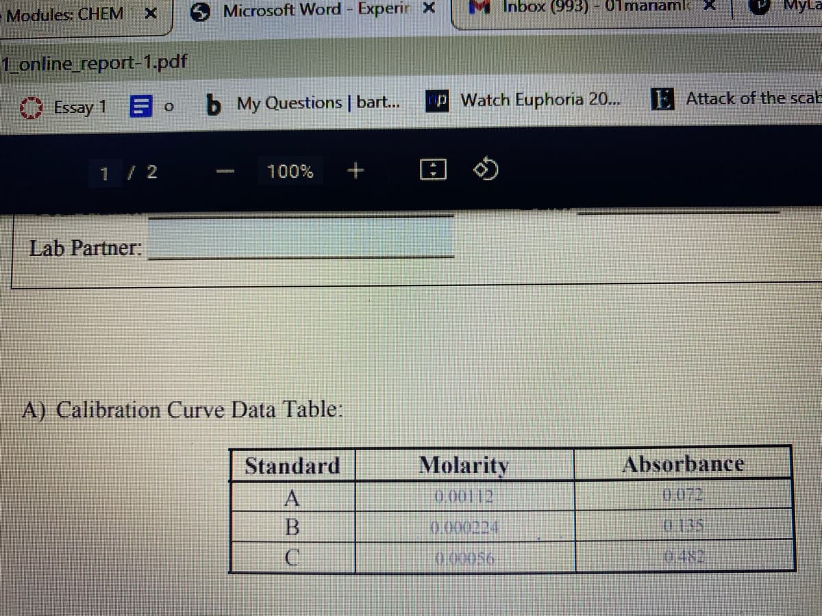 Modules CHEM
Microsoft Word Experir X
M Inbox (993)- 01manaml
P MyLa
1 online_report-1.pdf
Essay 1 o
b My Questions | bart...
p Watch Euphoria 20...
E Attack of the scab
1/ 2
100%
Lab Partner:
A) Calibration Curve Data Table:
Standard
Molarity
Absorbance
0.00112
0.072
0.000224
0135
0.00056
0.482

