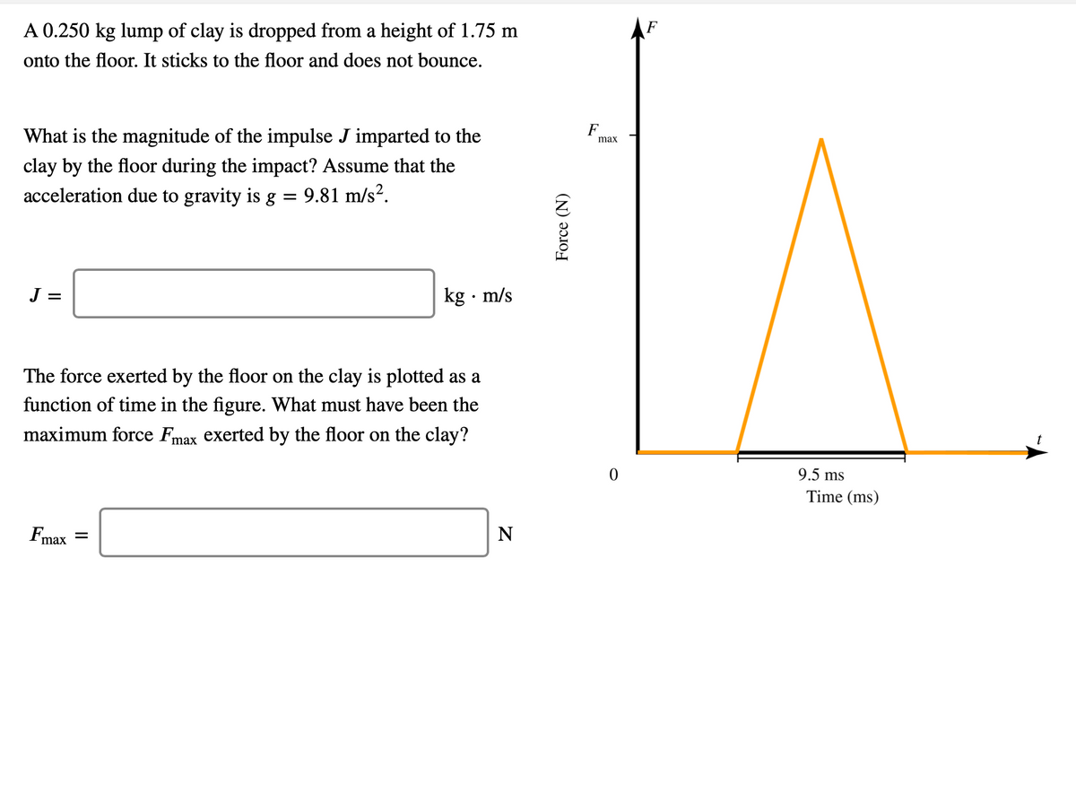 A 0.250 kg lump of clay is dropped from a height of 1.75 m
onto the floor. It sticks to the floor and does not bounce.
F
What is the magnitude of the impulse J imparted to the
max
clay by the floor during the impact? Assume that the
acceleration due to gravity is g = 9.81 m/s².
J =
kg · m/s
The force exerted by the floor on the clay is plotted as a
function of time in the figure. What must have been the
maximum force Fmax exerted by the floor on the clay?
9.5 ms
Time (ms)
Fmax
N
II
Force (N)
