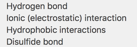 Hydrogen bond
lonic (electrostatic) interaction
Hydrophobic interactions
Disulfide bond

