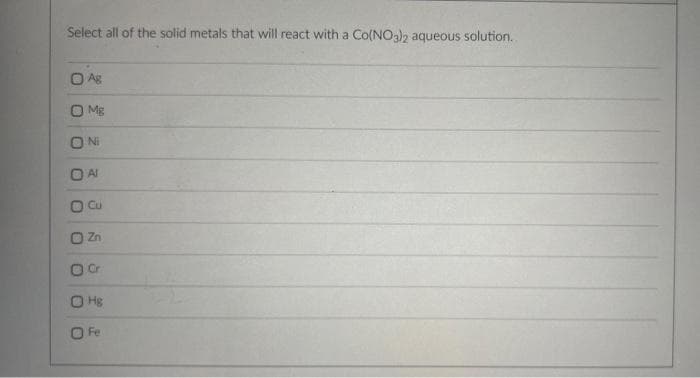 Select all of the solid metals that will react with a Co(NO3)2 aqueous solution..
O Ag
Mg
Ni
Al
Cu
Zn
Cr
Hg
Fe