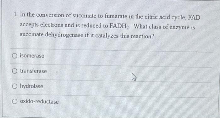 1. In the conversion of succinate to fumarate in the citric acid cycle, FAD
accepts electrons and is reduced to FADH₂. What class of enzyme is
succinate dehydrogenase if it catalyzes this reaction?
isomerase
Otransferase
Ohydrolase
O oxido-reductase
4