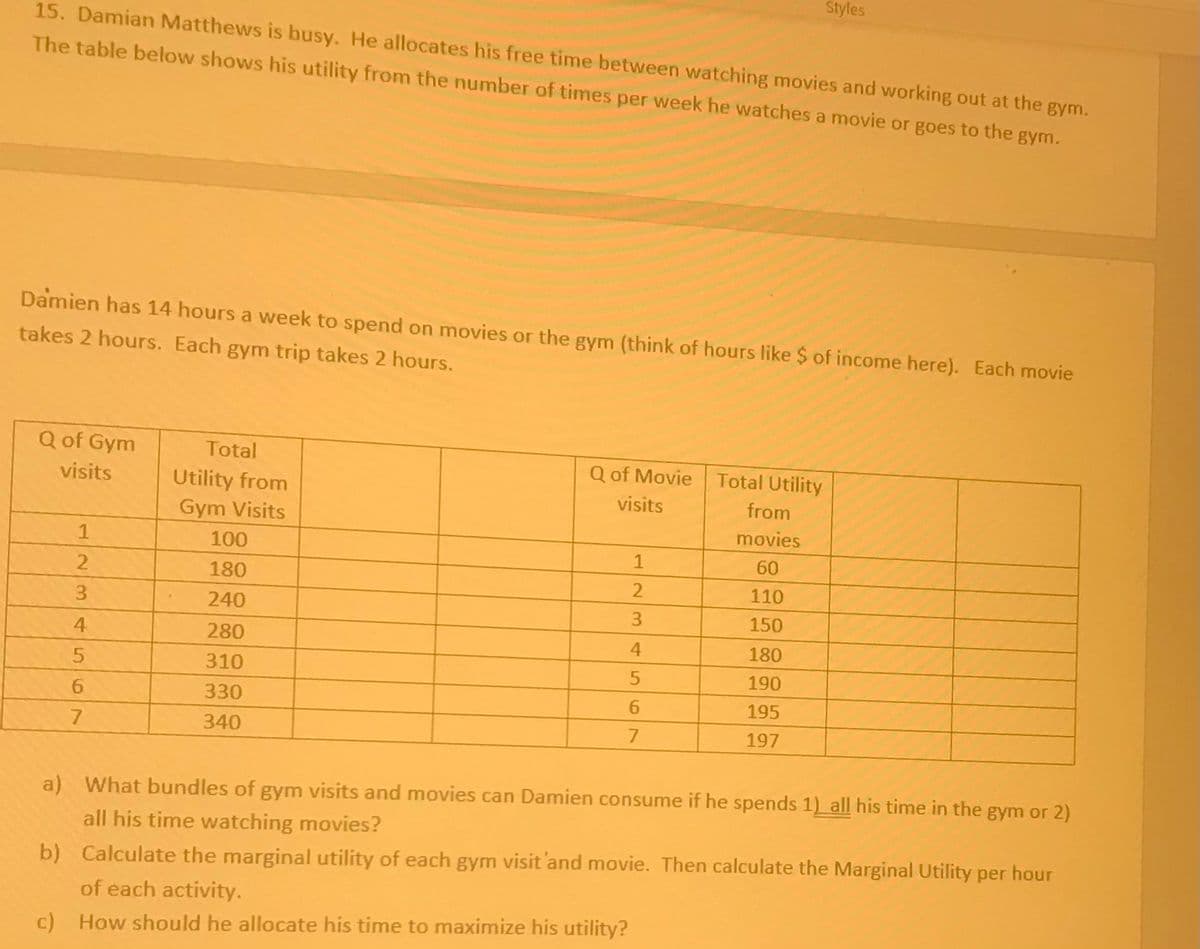 Styles
15. Damian Matthews is busy. He allocates his free time between watching movies and working out at the gym.
The table below shows his utility from the number of times per week he watches a movie or goes to the gym.
Damien has 14 hours a week to spend on movies or the gym (think of hours like $ of income here). Each movie
takes 2 hours. Each gym trip takes 2 hours.
Q of Gym
Total
Q of Movie Total Utility
visits
Utility from
visits
from
Gym Visits
movies
100
1
60
180
110
3
240
3
150
4
280
4
180
310
190
330
195
340
7
197
a) What bundles of gym visits and movies can Damien consume if he spends 1) all his time in the gym or 2)
all his time watching movies?
b) Calculate the marginal utility of each gym visit'and movie. Then calculate the Marginal Utility per hour
of each activity.
c) How should he allocate his time to maximize his utility?
12
