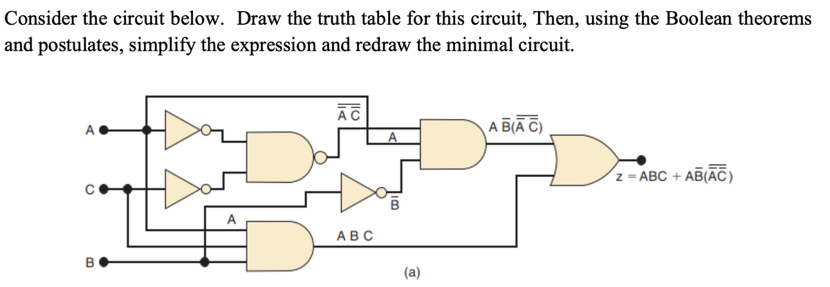 Consider the circuit below. Draw the truth table for this circuit, Then, using the Boolean theorems
and postulates, simplify the expression and redraw the minimal circuit.
AC
A
А В(А C)
A
z = ABC +
AB(ĀC)
A
АВС
(a)
