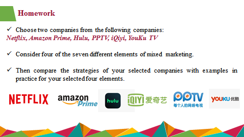 Homework
Choose two companies from the following companies:
Netflix, Amazon Prime, Hulu, PPTV, iQiyi, YouKu TV
✓ Consider four of the seven different elements of mixed marketing.
Then compare the strategies of your selected companies with examples in
practice for your selected four elements.
NETFLIX amazon
om hulu QIY POTV youkusta
每个人的网络电视