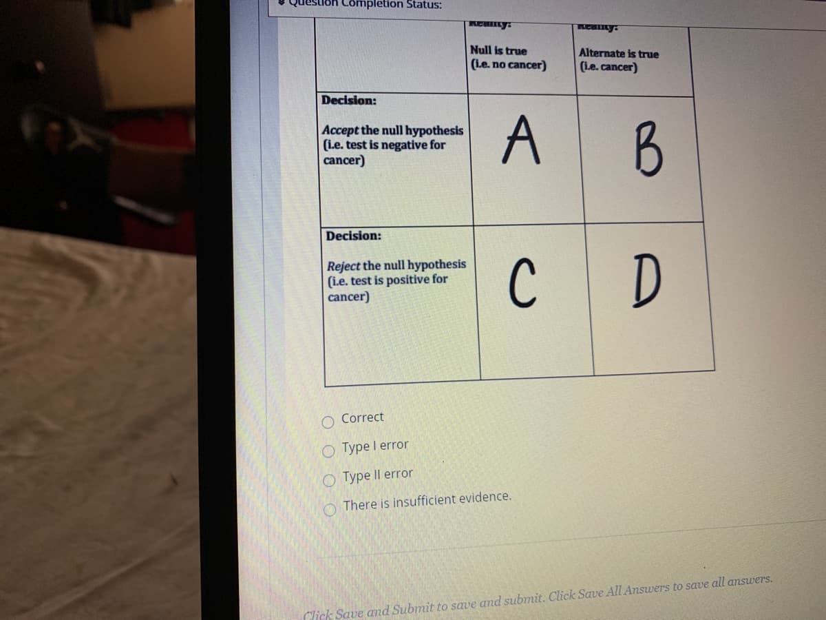 stuon Completion Status:
Null is true
Alternate is true
(Le. no cancer)
(Le. cancer)
Decision:
Accept the null hypothesis
(Le. test is negative for
cancer)
A
Decision:
Reject the null hypothesis
(i.e. test is positive for
cancer)
C D
Correct
O Type I error
O Type Il error
There is insufficient evidence.
Click Save and Submit to save and submit. Click Save All Answers to save all answers.
