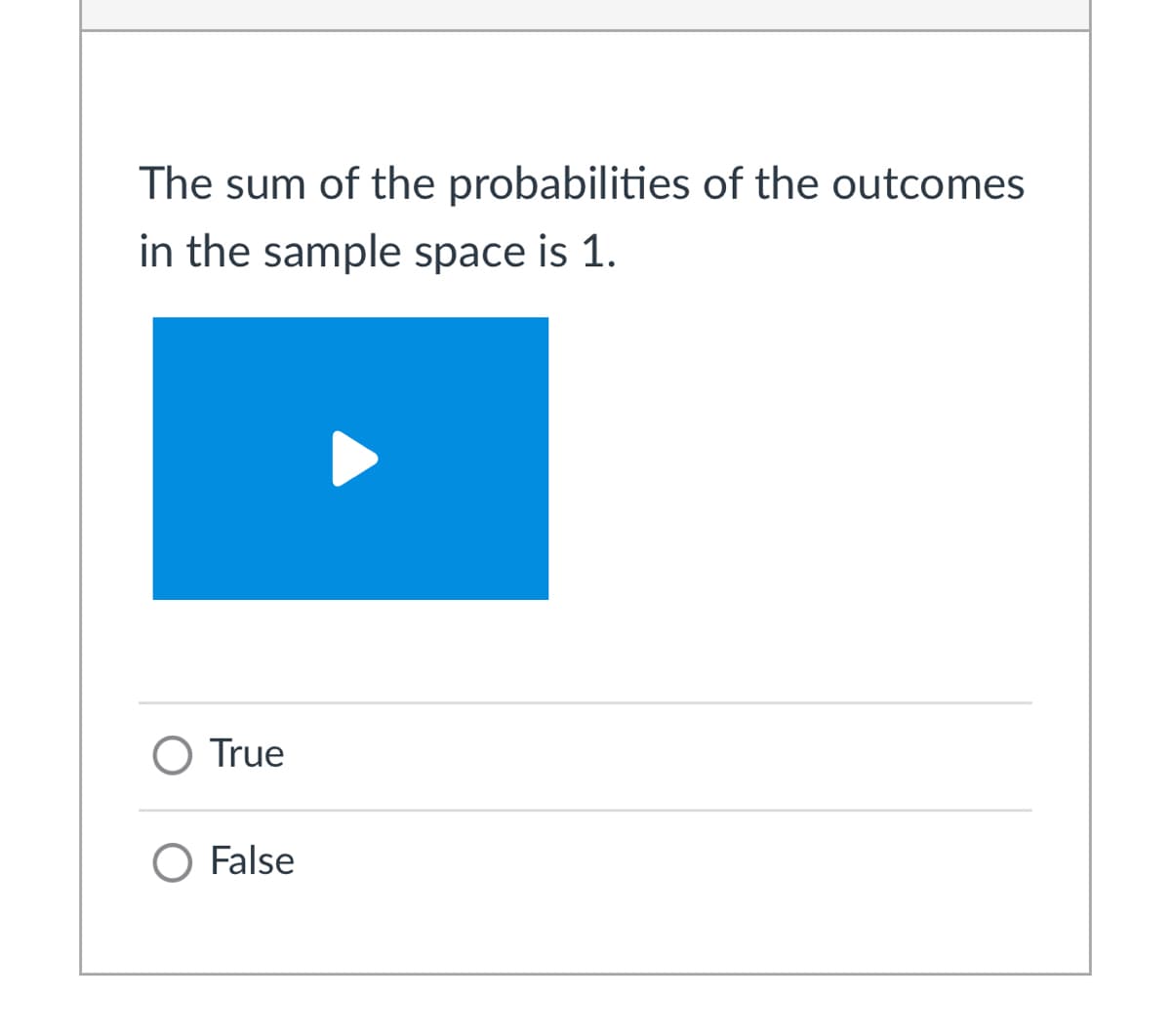 The sum of the probabilities of the outcomes
in the sample space is 1.
O True
O False

