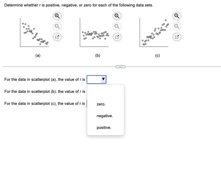 Determine whether r is positive, negative, or zero for each of the following data sets.
Q
Ⓡ
∞∞o
(a)
For the data in scatterplot (a), the value of r is
For the data in scatterplot (b), the value of r is
For the data in scatterplot (c), the value of r is
(b)
zero.
negative.
positive.
800
Box% 000
(c)
Q