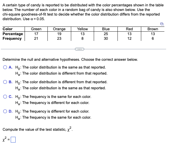 A certain type of candy is reported to be distributed with the color percentages shown in the table
below. The number of each color in a random bag of candy is also shown below. Use the
chi-square goodness-of-fit test to decide whether the color distribution differs from the reported
distribution. Use a = 0.05.
Color
Percentage
Frequency
Green
17
21
Orange
19
23
Yellow
13
8
Determine the null and alternative hypotheses. Choose the correct answer below.
O A. Ho: The color distribution is the same as that reported.
H₂: The color distribution is different from that reported.
O B. Ho: The color distribution is different from that reported.
H₂: The color distribution is the same as that reported.
OC. Ho: The frequency is the same for each color.
Ha: The frequency is different for each color.
Blue
25
30
O D. Ho: The frequency is different for each color.
H₂: The frequency is the same for each color.
Compute the value of the test statistic, ².
x²=0
Red
13
12
Brown
13
6