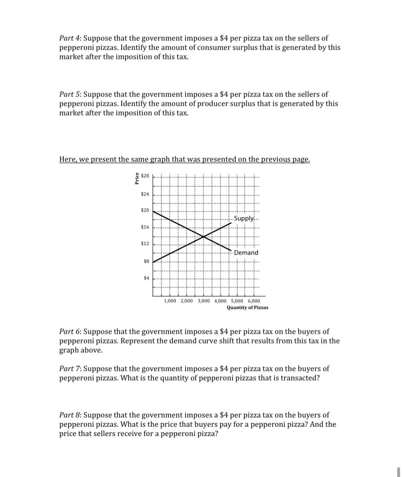 Part 4: Suppose that the government imposes a $4 per pizza tax on the sellers of
pepperoni pizzas. Identify the amount of consumer surplus that is generated by this
market after the imposition of this tax.
Part 5: Suppose that the government imposes a $4 per pizza tax on the sellers of
pepperoni pizzas. Identify the amount of producer surplus that is generated by this
market after the imposition of this tax.
Here, we present the same graph that was presented on the previous page.
* $28 ..j...
$24
$20
.Supply
$16
$12
Demand
$8
$4
1,000 2,000 3,000 4,000 5,000 6,000
Quantity of Pizzas
Part 6: Suppose that the government imposes a $4 per pizza tax on the buyers of
pepperoni pizzas. Represent the demand curve shift that results from this tax in the
graph above.
Part 7: Suppose that the government imposes a $4 per pizza tax on the buyers of
pepperoni pizzas. What is the quantity of pepperoni pizzas that is transacted?
Part 8: Suppose that the government imposes a $4 per pizza tax on the buyers of
pepperoni pizzas. What is the price that buyers pay for a pepperoni pizza? And the
price that sellers receive for a pepperoni pizza?
