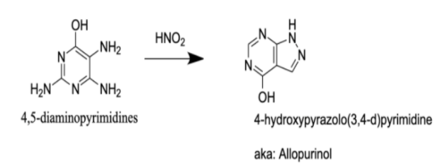 OH
HNO2
„NH2
N
H2N
H2NN
`NH2
OH
4,5-diaminopyrimidines
4-hydroxypyrazolo(3,4-d)pyrimidine
aka: Allopurinol
