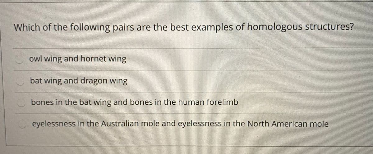 Which of the following pairs are the best examples of homologous structures?
owl wing and hornet wing
bat wing and dragon wing
bones in the bat wing and bones in the human forelimb
eyelessness in the Australian mole and eyelessness in the North American mole

