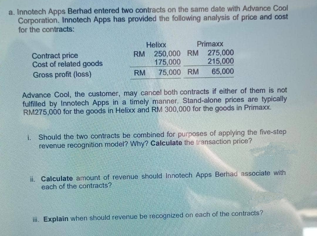 a. Innotech Apps Berhad entered two contracts on the same date with Advance Cool
Corporation. Innotech Apps has provided the following analysis of price and cost
for the contracts:
Contract price
Cost of related goods
Gross profit (loss)
Helixx
Primaxx
RM 250,000 RM 275,000
175,000
215,000
65,000
75,000 RM
RM
Advance Cool, the customer, may cancel both contracts if either of them is not
fulfilled by Innotech Apps in a timely manner. Stand-alone prices are typically
RM275,000 for the goods in Helixx and RM 300,000 for the goods in Primaxx.
i. Should the two contracts be combined for purposes of applying the five-step
revenue recognition model? Why? Calculate the transaction price?
ii. Calculate amount of revenue should Innotech Apps Berhad associate with
each of the contracts?
iii. Explain when should revenue be recognized on each of the contracts?