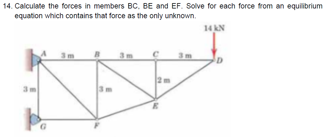 14. Calculate the forces in members BC, BE and EF. Solve for each force from an equilibrium
equation which contains that force as the only unknown.
14 kN
m
3 m
3 m
2 m
3 m
3 m
